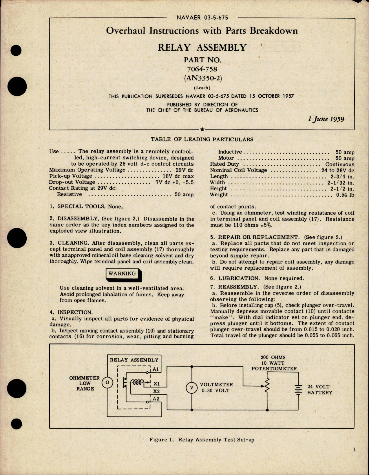 Sample page 1 from AirCorps Library document: Overhaul Instructions with Parts Breakdown for Relay Assembly - Part 7064-758 - AN3350-2 