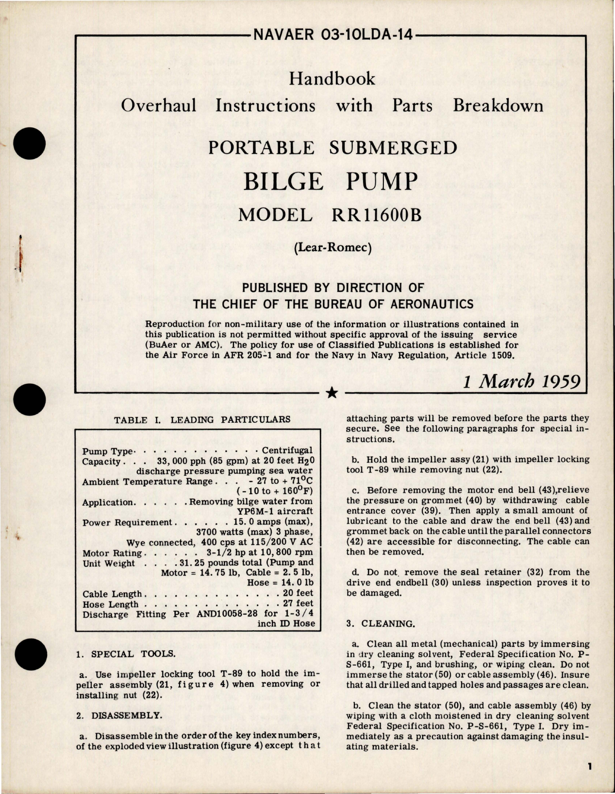 Sample page 1 from AirCorps Library document: Overhaul Instructions with Parts for Portable Submerged Bilge Pump - Model RR11600B 