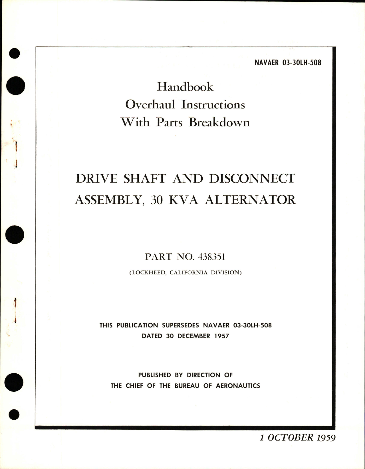 Sample page 1 from AirCorps Library document: Overhaul Instructions with Parts Breakdown for 30 KVA Alternator - Drive Shaft & Disconnect Assembly - Part 438351