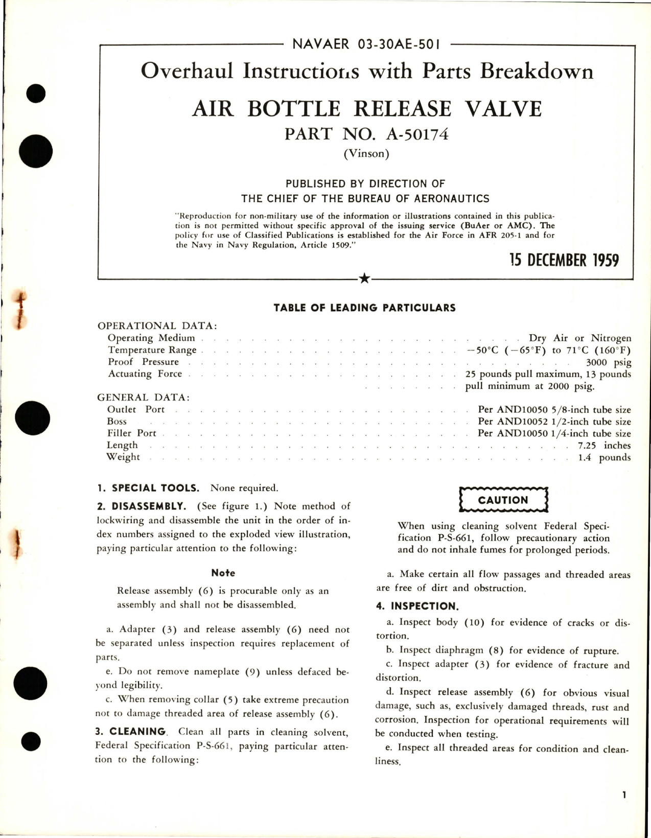 Sample page 1 from AirCorps Library document: Overhaul Instructions with Parts Breakdown for Air Bottle Release Valve - Part A-50174