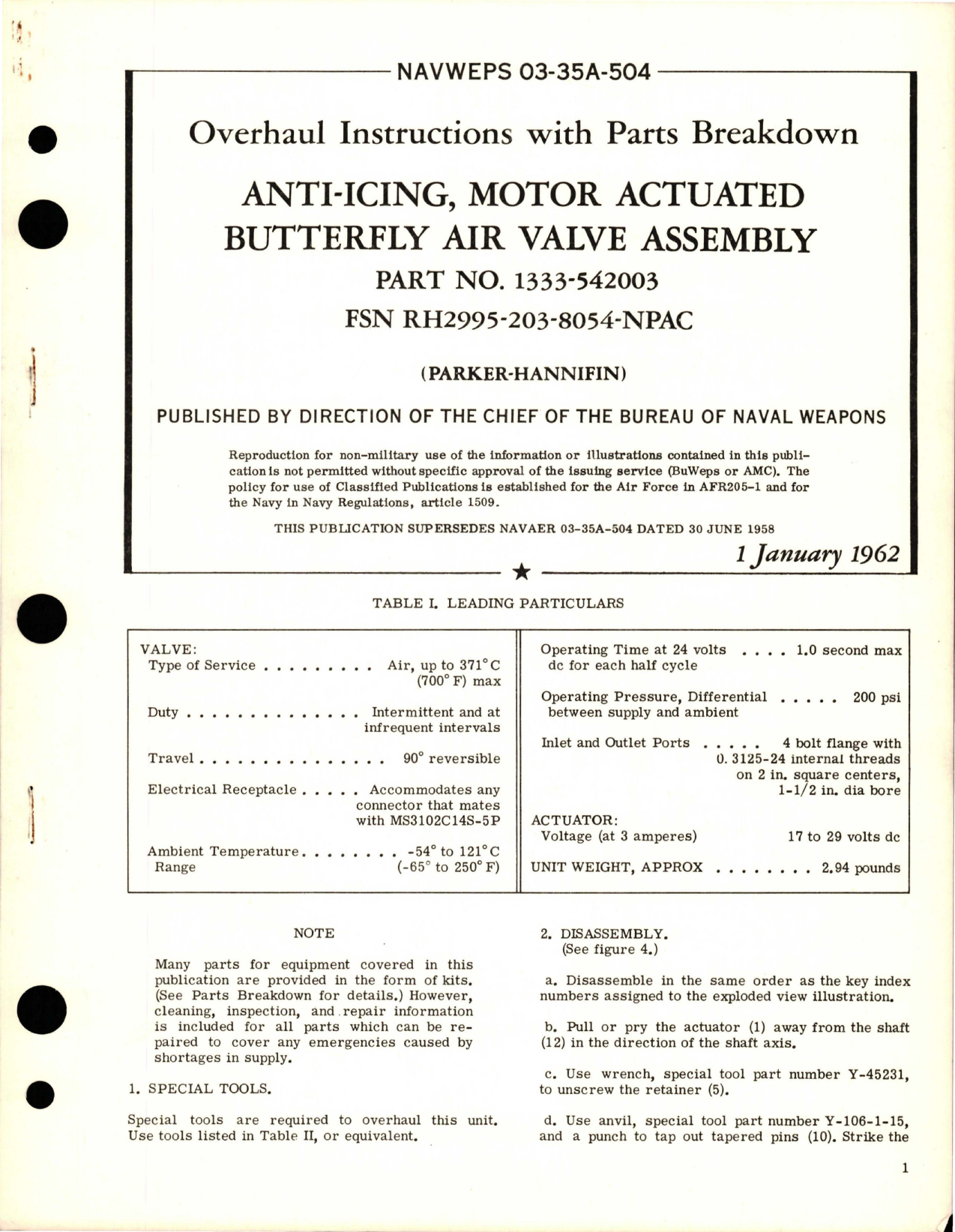 Sample page 1 from AirCorps Library document: Overhaul Instructions with Parts Breakdown for Anti-Icing - Motor Actuated Butterfly Air Valve Assembly - Part 1333-542003