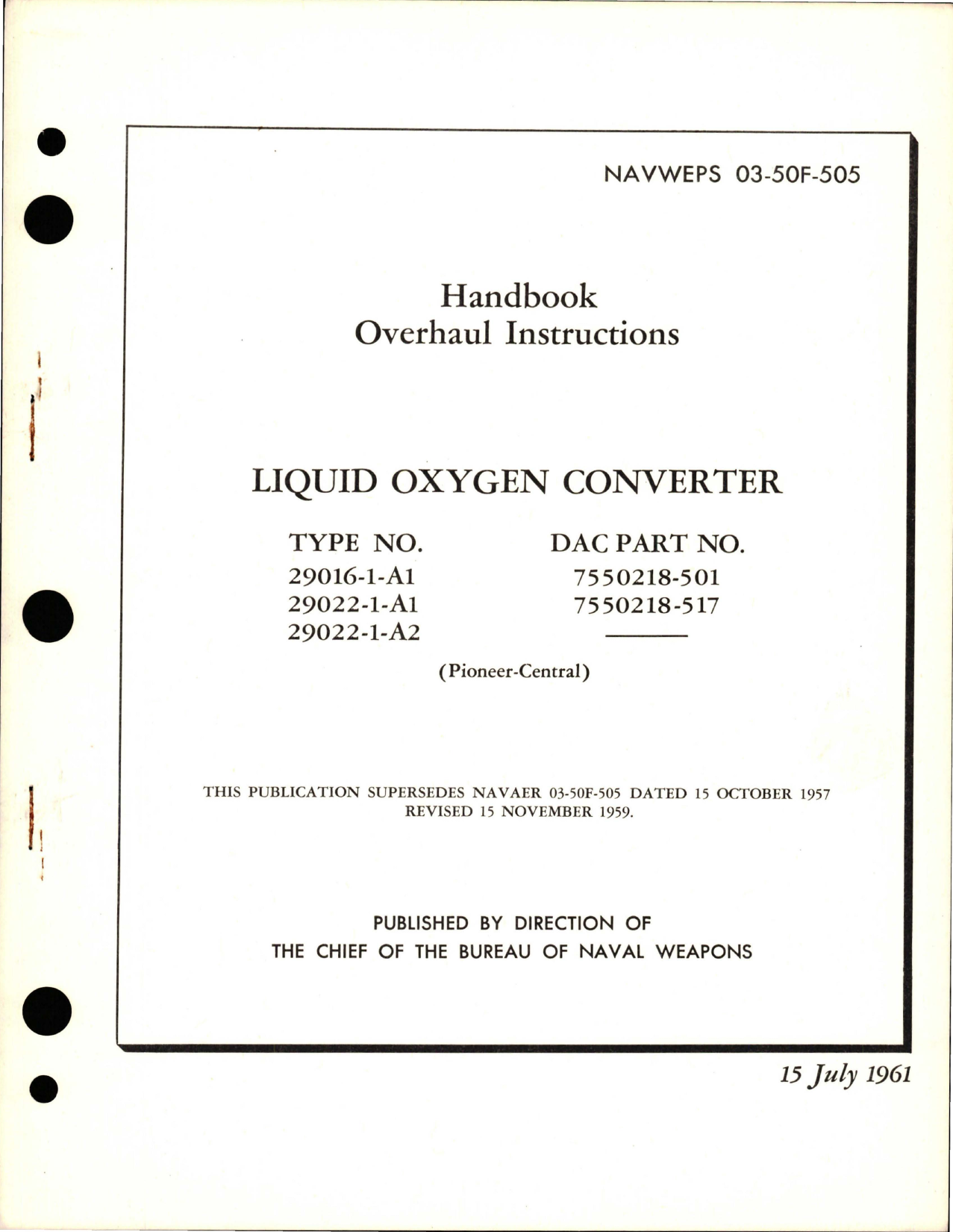 Sample page 1 from AirCorps Library document: Overhaul Instructions for Liquid Oxygen Converter - Types 29016-1-A1, 29022-1-A1, and 9022-1-A2