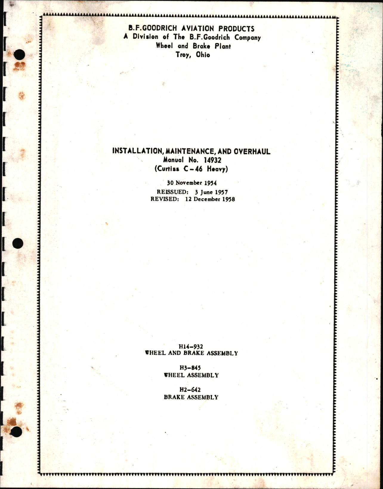 Sample page 1 from AirCorps Library document: Installation, Maintenance, and Overhaul of H14-932 Wheel and Brake Assembly, H3-845 Wheel Assembly, and H2-642 Brake Assembly on Curtiss C-46