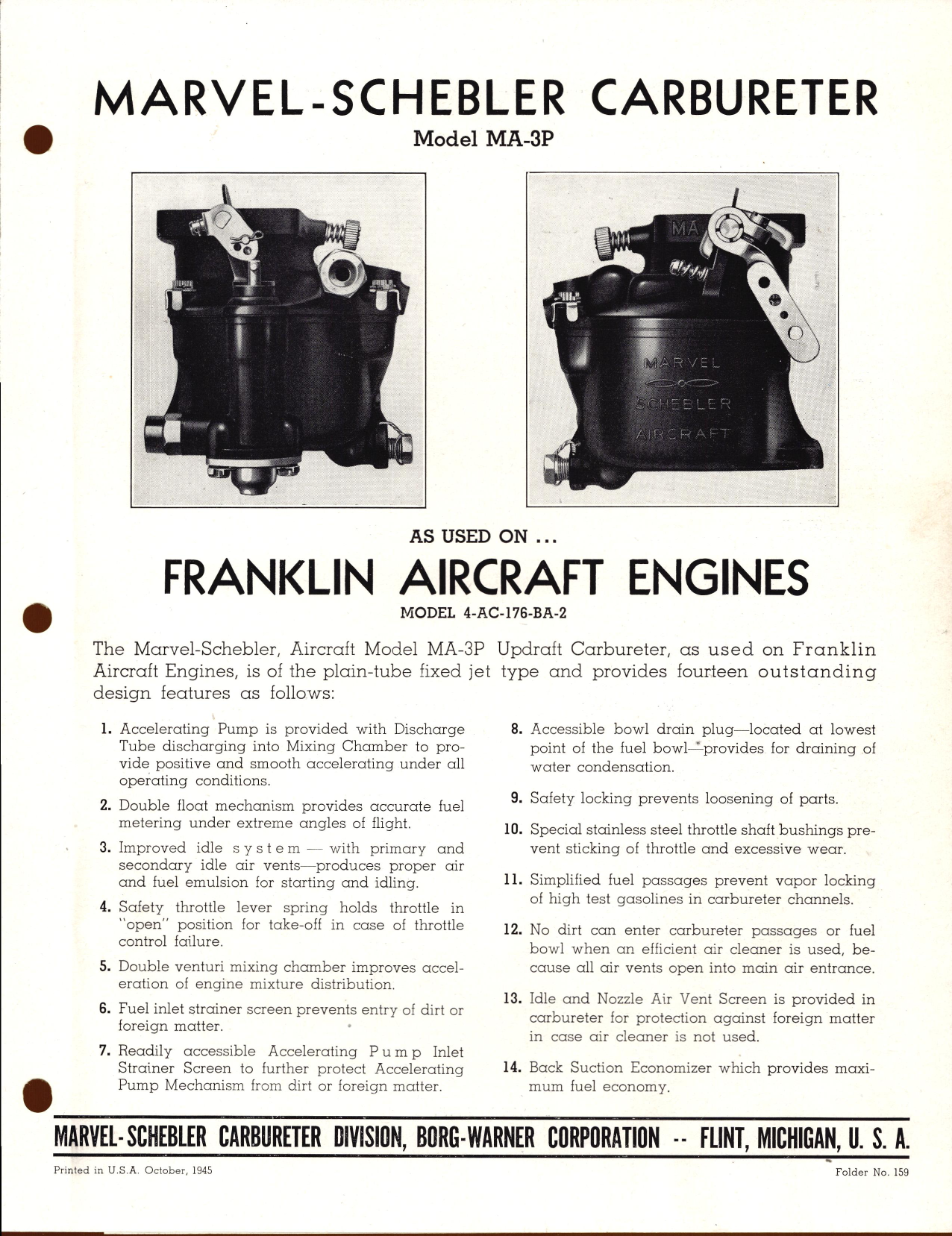 Sample page 1 from AirCorps Library document: Model MA-3P Carburetor as Used on Franklin Aircraft Engines Model 4-AC-176-BA-2