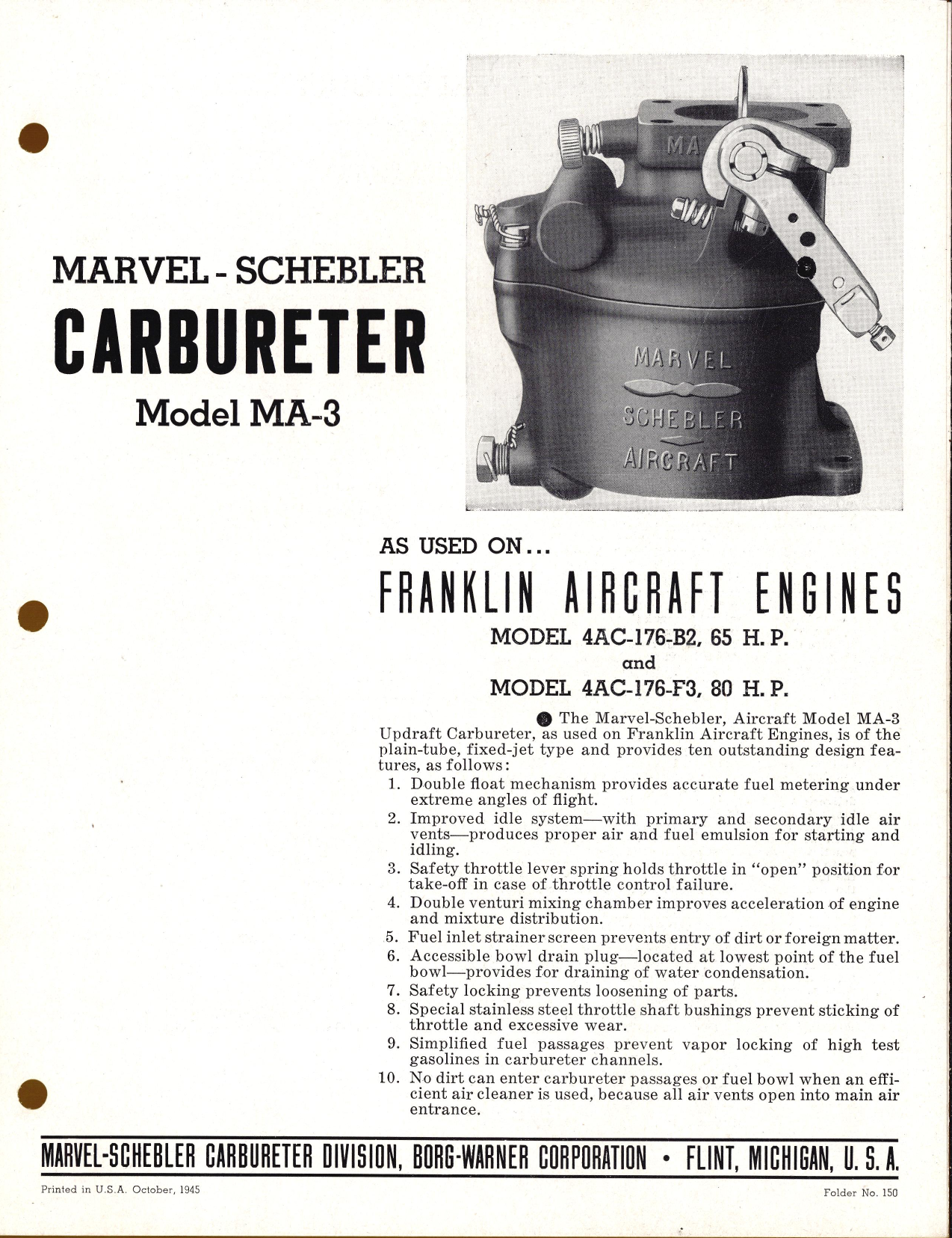 Sample page 1 from AirCorps Library document: Model MA-3 Carburetor as Used on Franklin Aircraft Engines Model 4AC-176-B2 and 4AC-176-F3