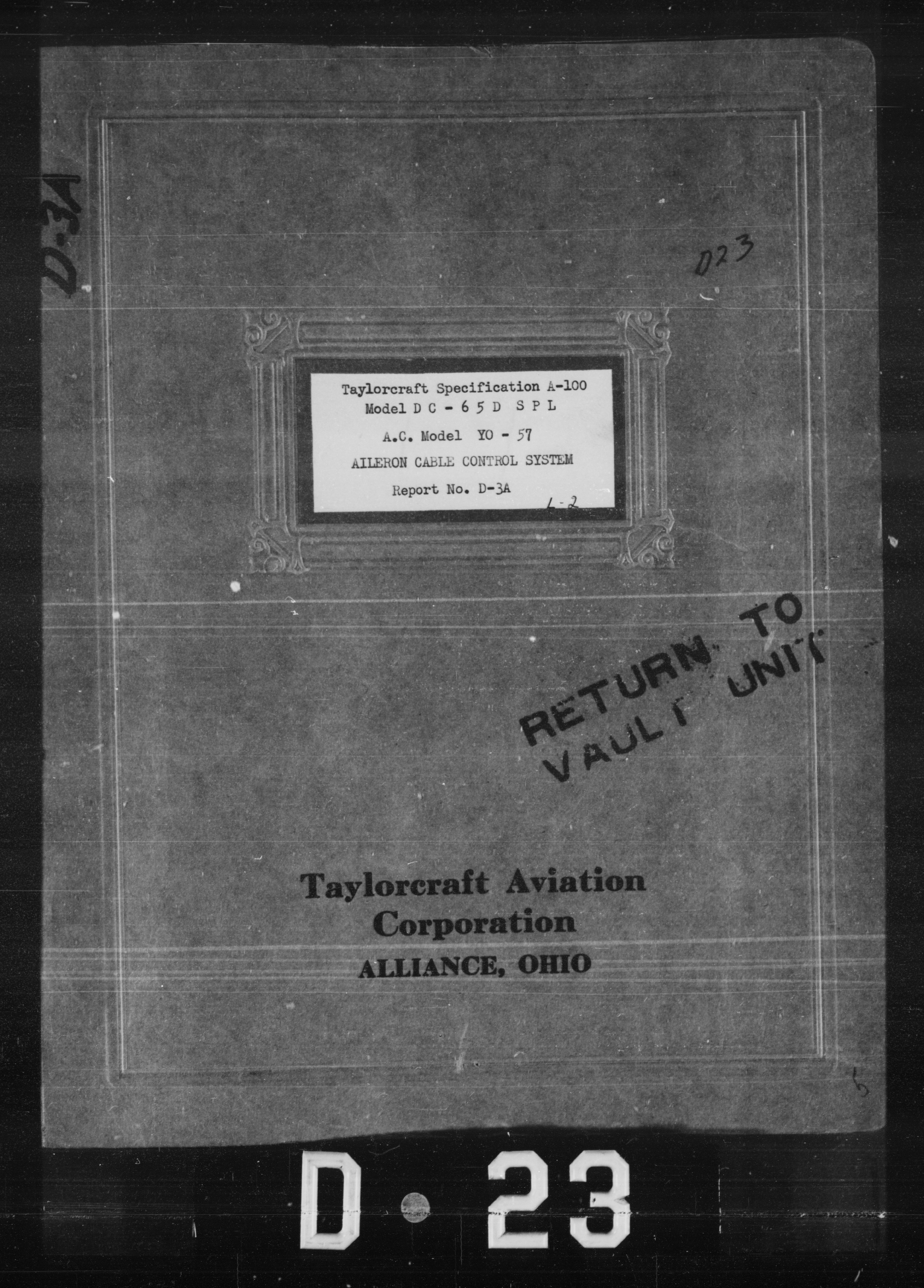 Sample page 1 from AirCorps Library document: Aileron Cable Control System for Taylorcraft Specification A-100 Model DC-65D SPL A.C. Model YO-57