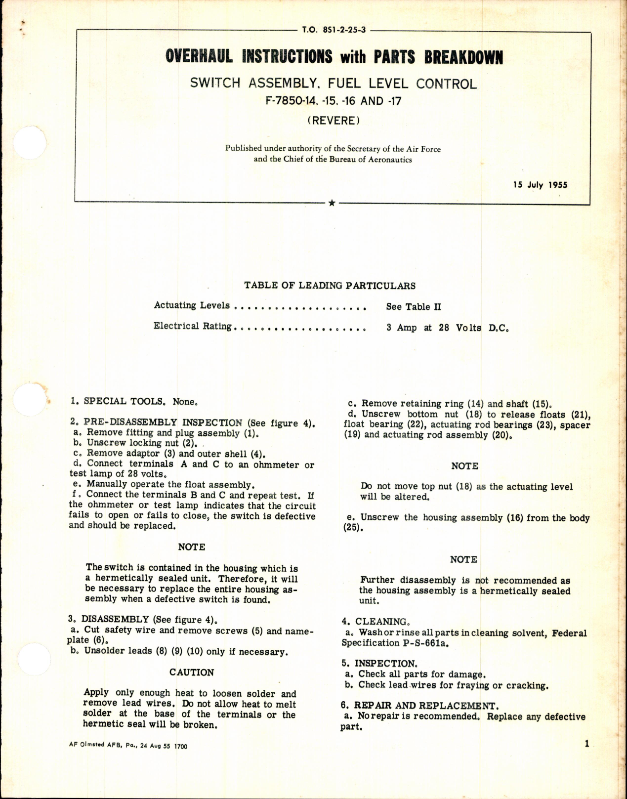Sample page 1 from AirCorps Library document: Overhaul Instructions with Parts Breakdown for Switch Assembly, Fuel Level Control