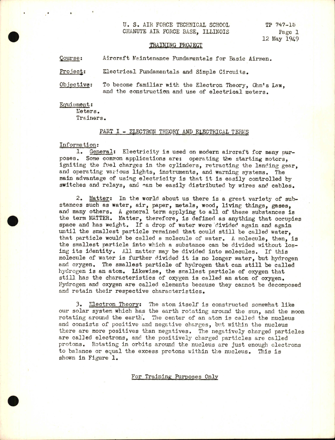 Sample page 1 from AirCorps Library document: Training Project, Electrical Fundamentals and Simple Circuits