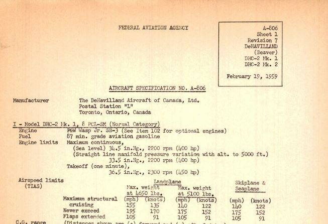 L-20 / DHC-2 Beaver Aircraft Specifications